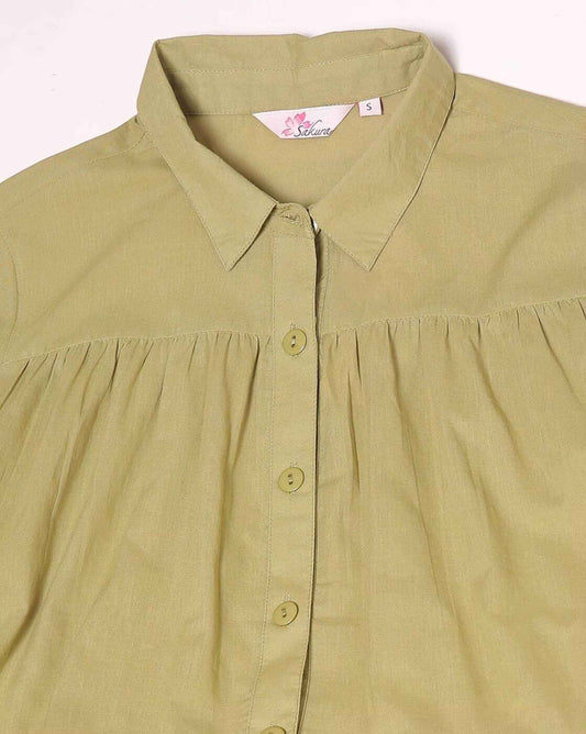Olive Green Women's Cotton Cambric Gathered Peplum Shirt - Zeemi World