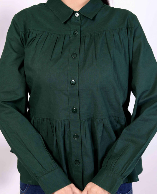 Dark Green Women's Cotton Cambric Gathered Peplum Shirt - Zeemi World