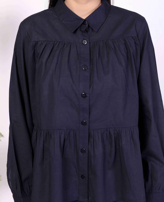 Navy Women's Cotton Cambric Gathered Peplum Shirt - Zeemi World
