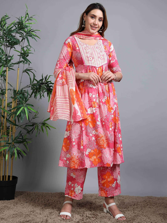Pure Cotton Printed Cotton Kurta & Pant Set With Duppata - Zeemi World 