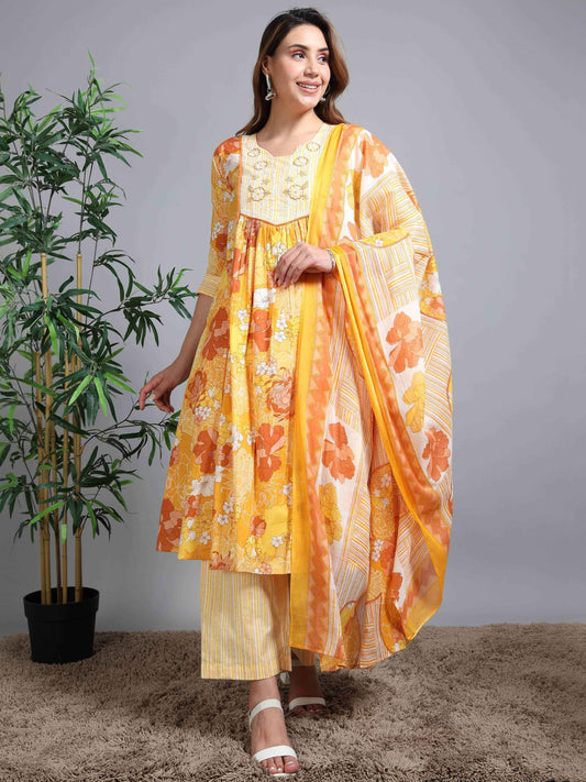 Pure Cotton Printed Cotton Kurta & Pant Set With Duppata - Zeemi World 