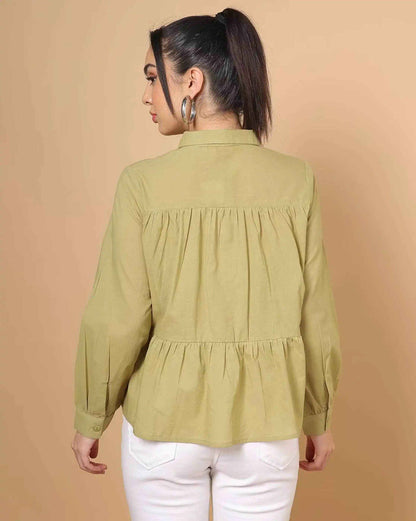 Olive Green Women's Cotton Cambric Gathered Peplum Shirt - Zeemi World 