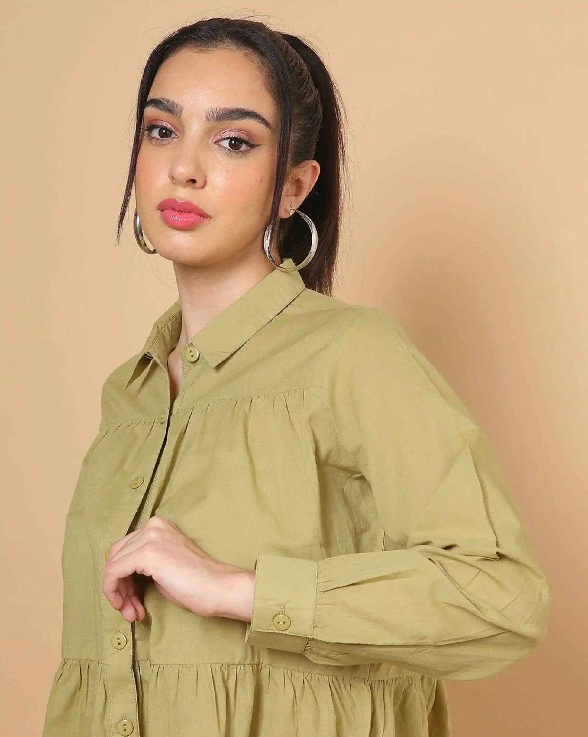 Olive Green Women's Cotton Cambric Gathered Peplum Shirt - Zeemi World 