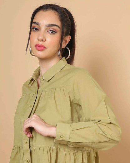 Olive Green Women's Cotton Cambric Gathered Peplum Shirt - Zeemi World 