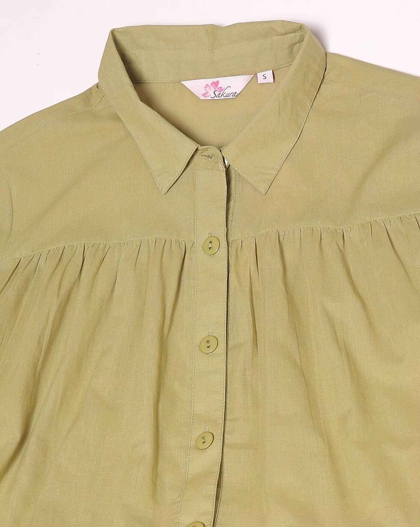 Olive Green Women's Cotton Cambric Gathered Peplum Shirt - Zeemi World 