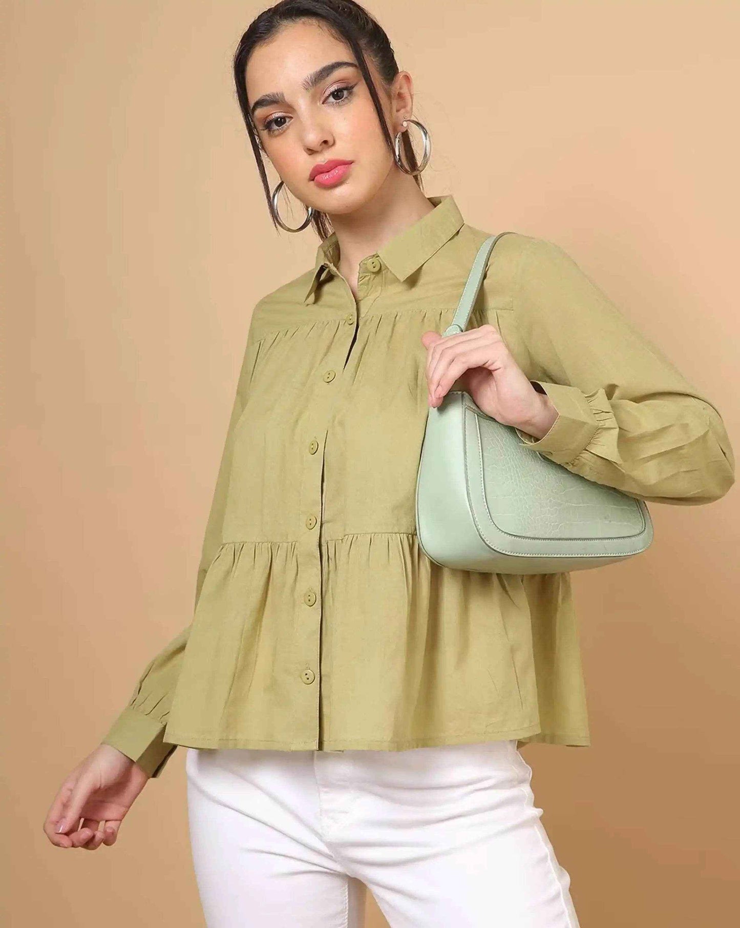 Olive Green Women's Cotton Cambric Gathered Peplum Shirt - Zeemi World 
