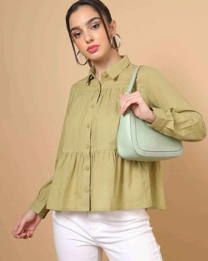 Olive Green Women's Cotton Cambric Gathered Peplum Shirt - Zeemi World 