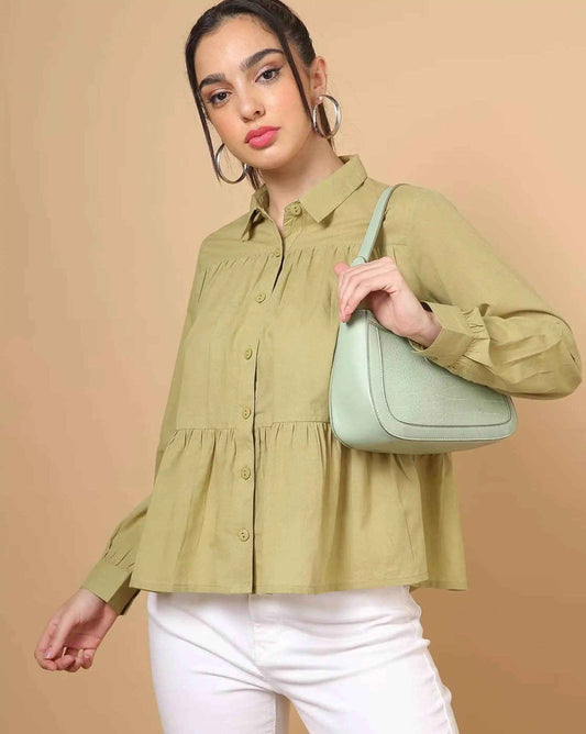 Olive Green Women's Cotton Cambric Gathered Peplum Shirt - Zeemi World 