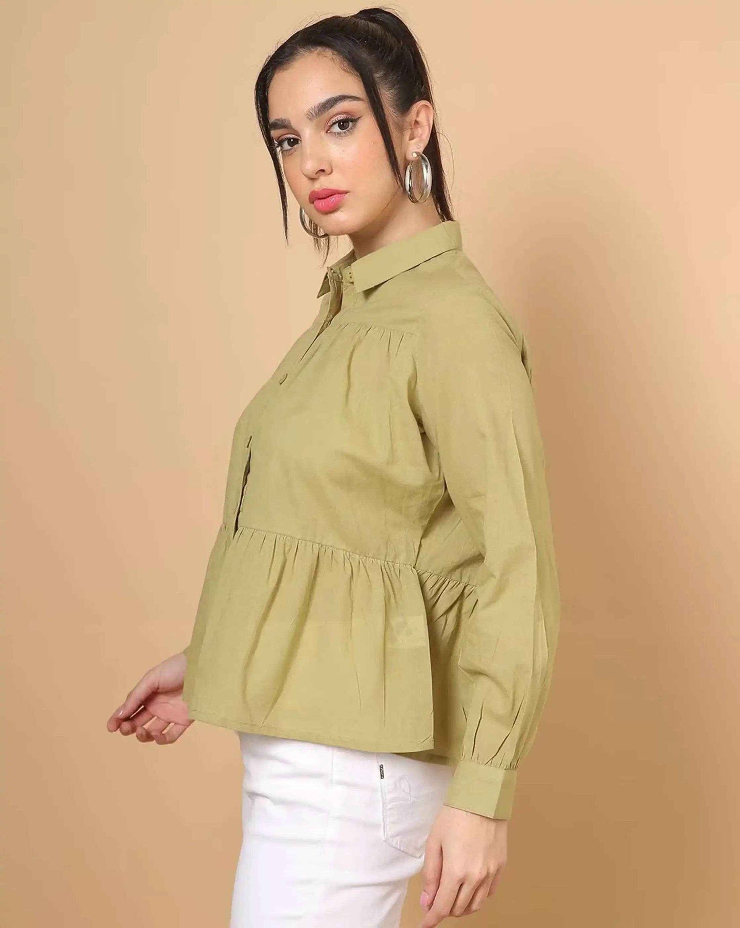 Olive Green Women's Cotton Cambric Gathered Peplum Shirt - Zeemi World 