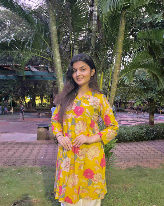 Raas - Yellow floral kurti - Zeemi World 