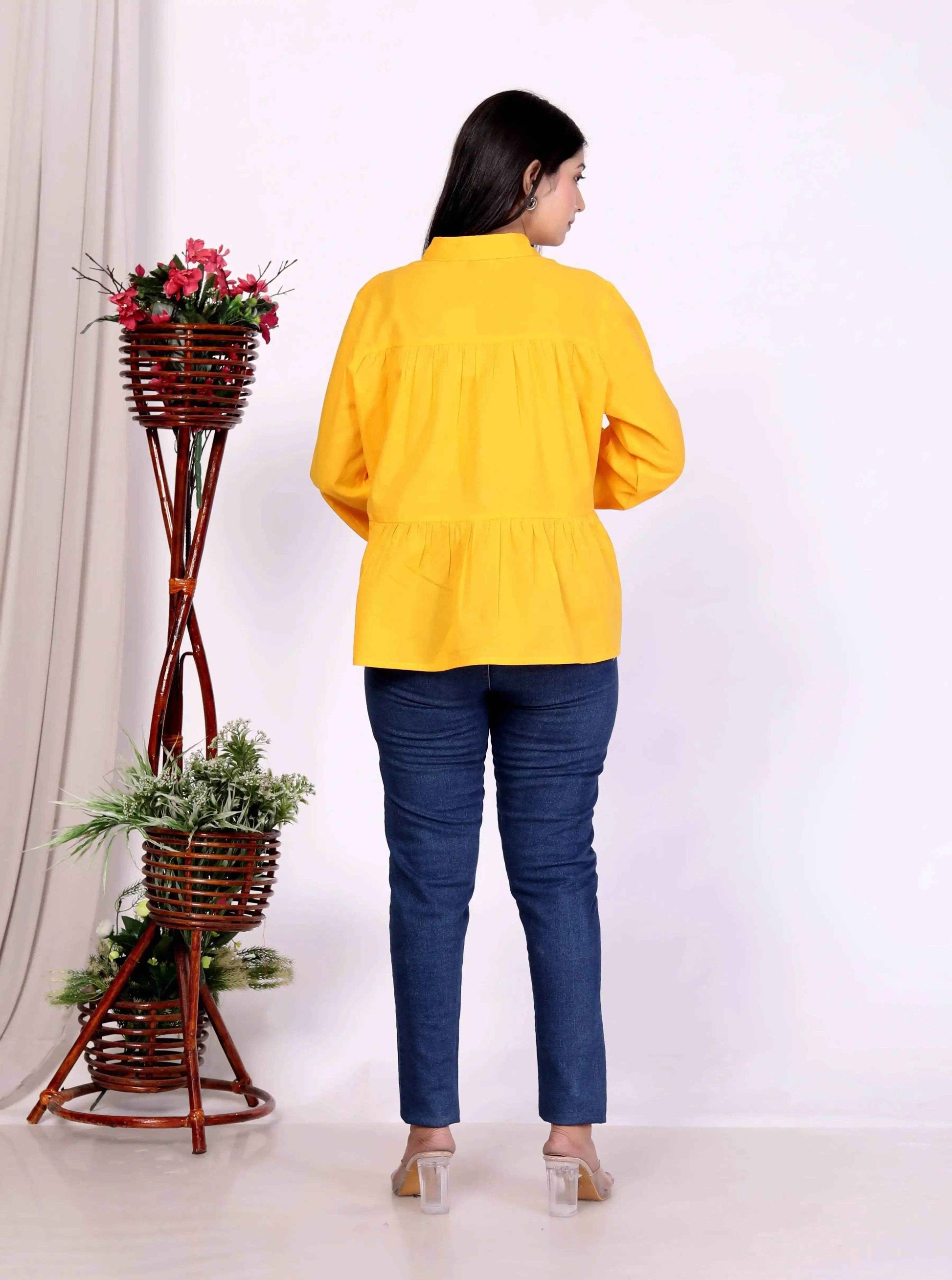 Yellow Women's Cotton Cambric Gathered Peplum Shirt - Zeemi World 