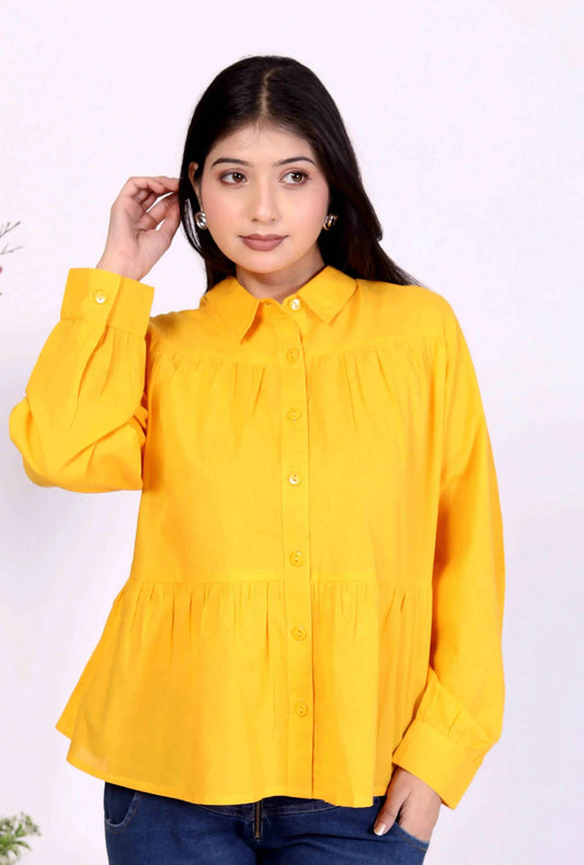 Yellow Women's Cotton Cambric Gathered Peplum Shirt - Zeemi World 