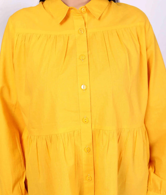Yellow Women's Cotton Cambric Gathered Peplum Shirt - Zeemi World 