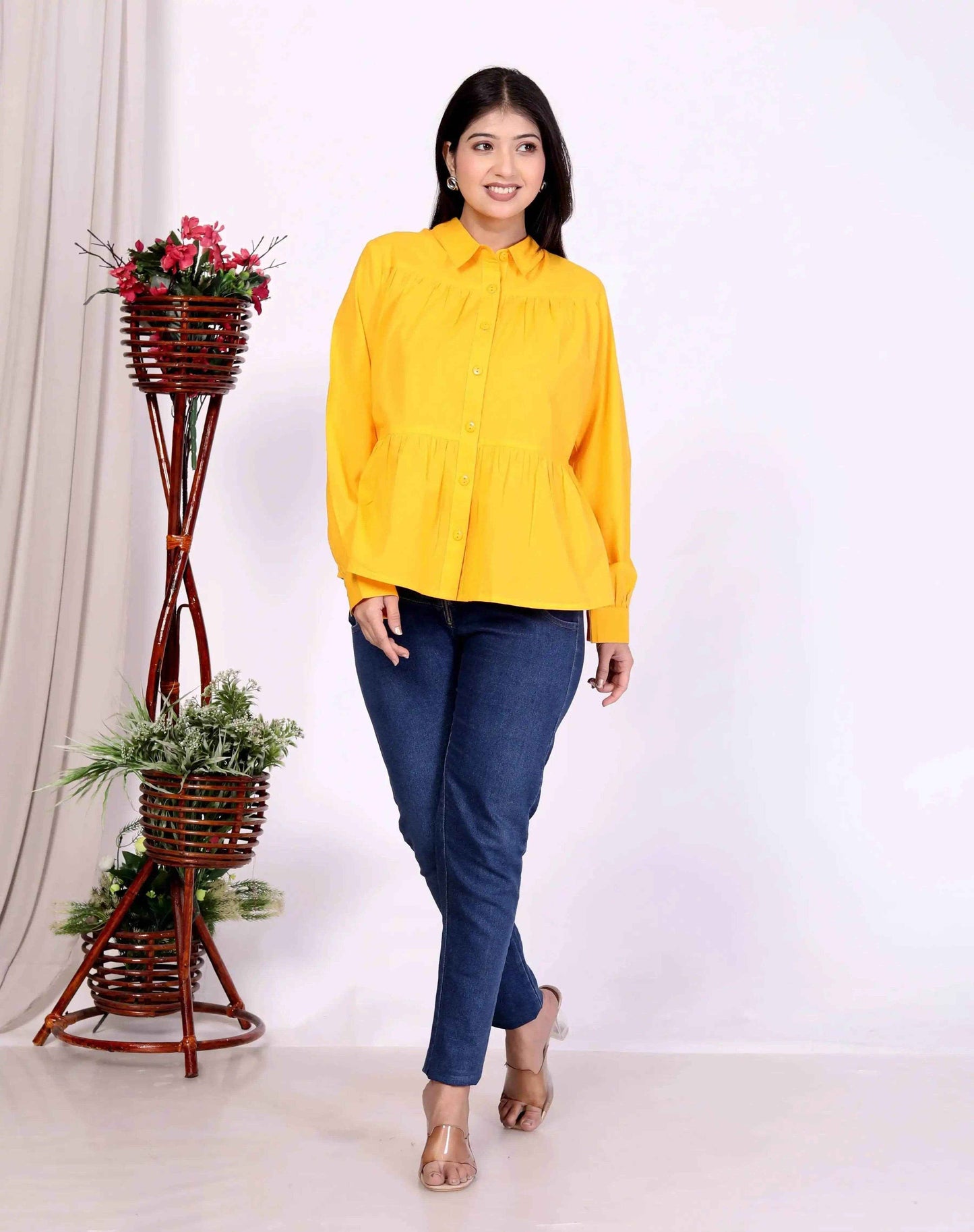 Yellow Women's Cotton Cambric Gathered Peplum Shirt - Zeemi World 