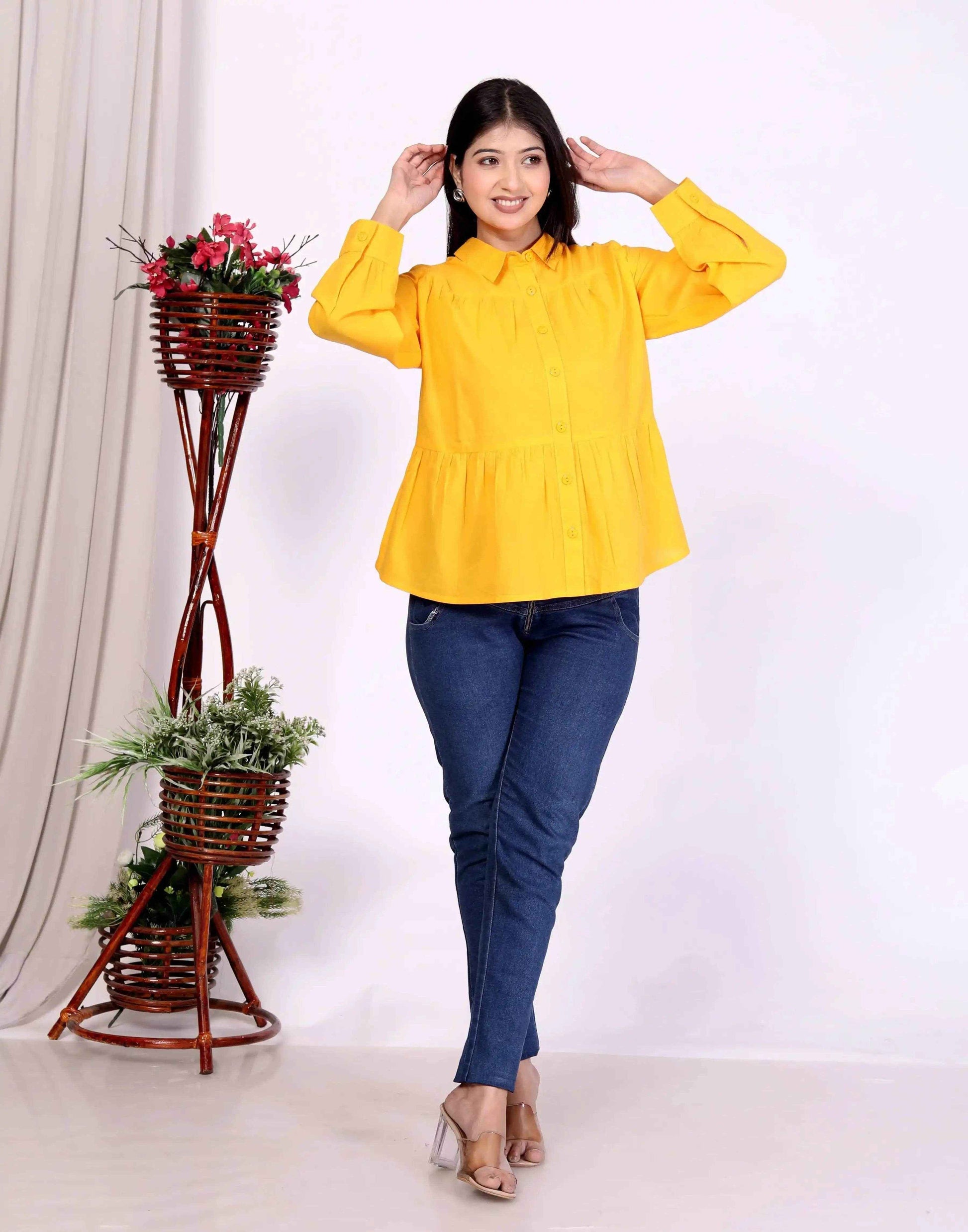 Yellow Women's Cotton Cambric Gathered Peplum Shirt - Zeemi World 