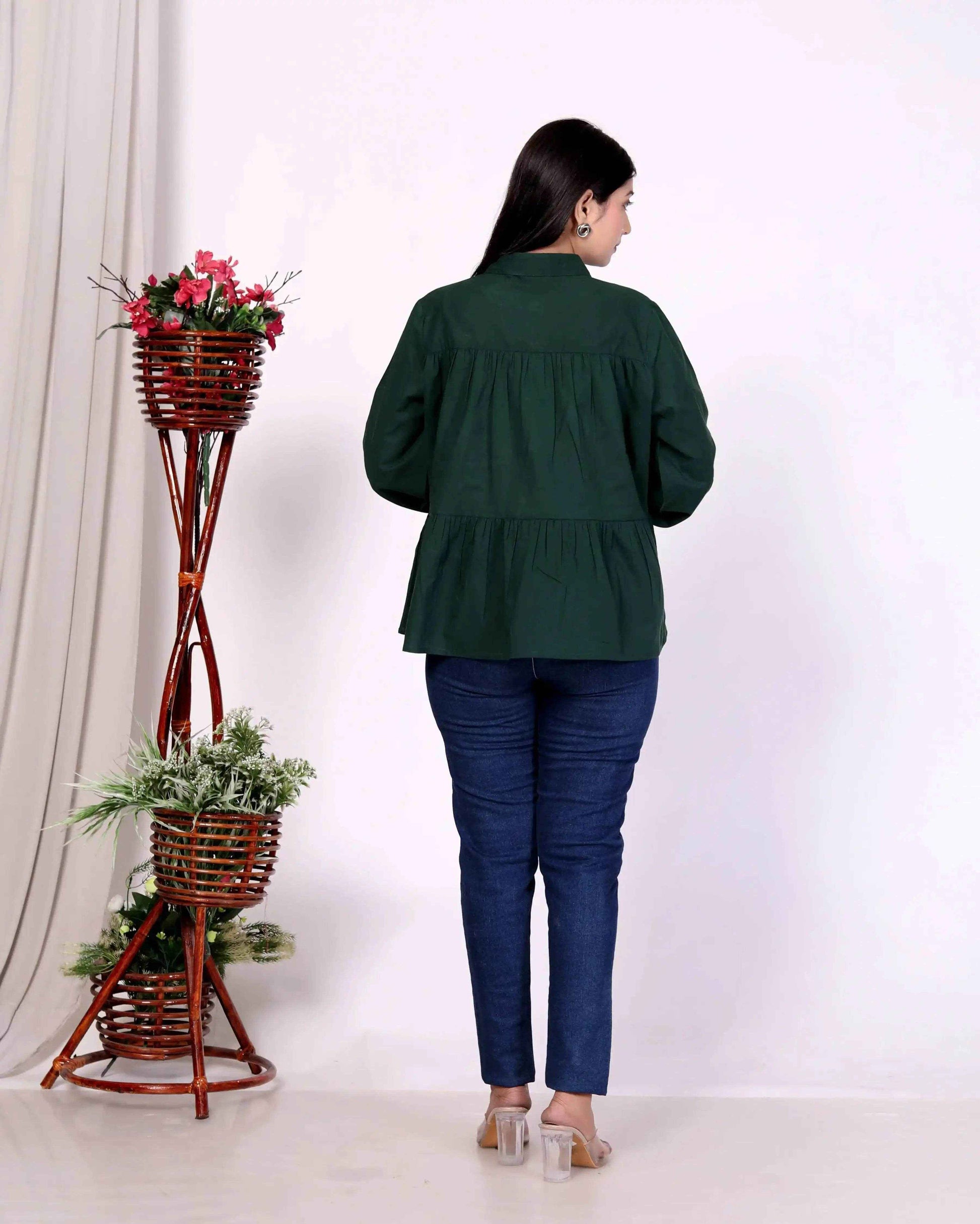 Dark Green Women's Cotton Cambric Gathered Peplum Shirt - Zeemi World 