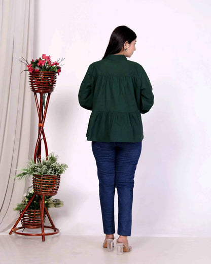 Dark Green Women's Cotton Cambric Gathered Peplum Shirt - Zeemi World 