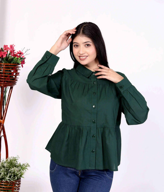 Dark Green Women's Cotton Cambric Gathered Peplum Shirt - Zeemi World 