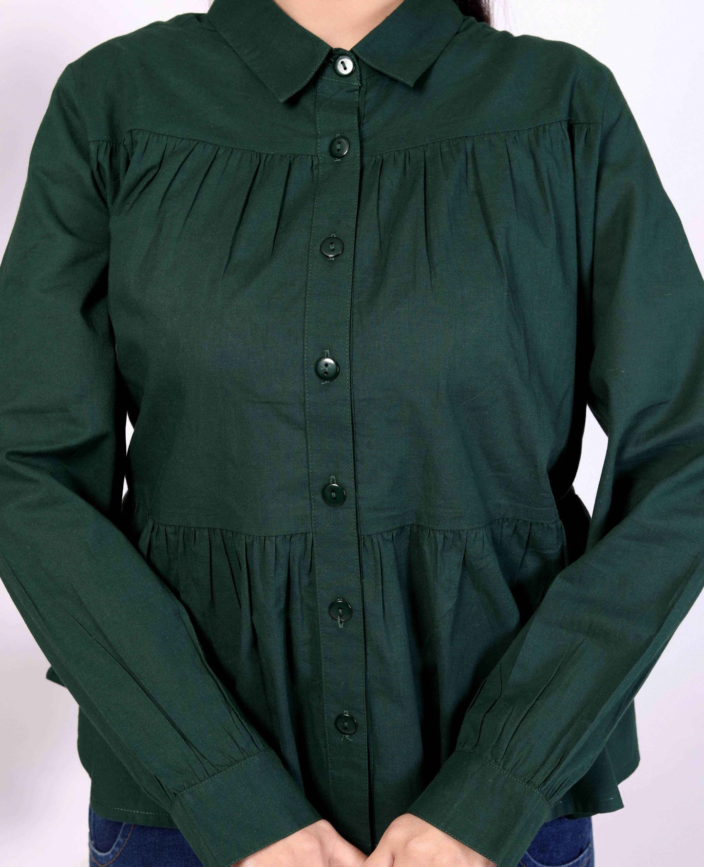 Dark Green Women's Cotton Cambric Gathered Peplum Shirt - Zeemi World 