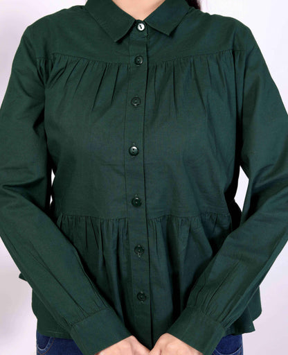 Dark Green Women's Cotton Cambric Gathered Peplum Shirt - Zeemi World 