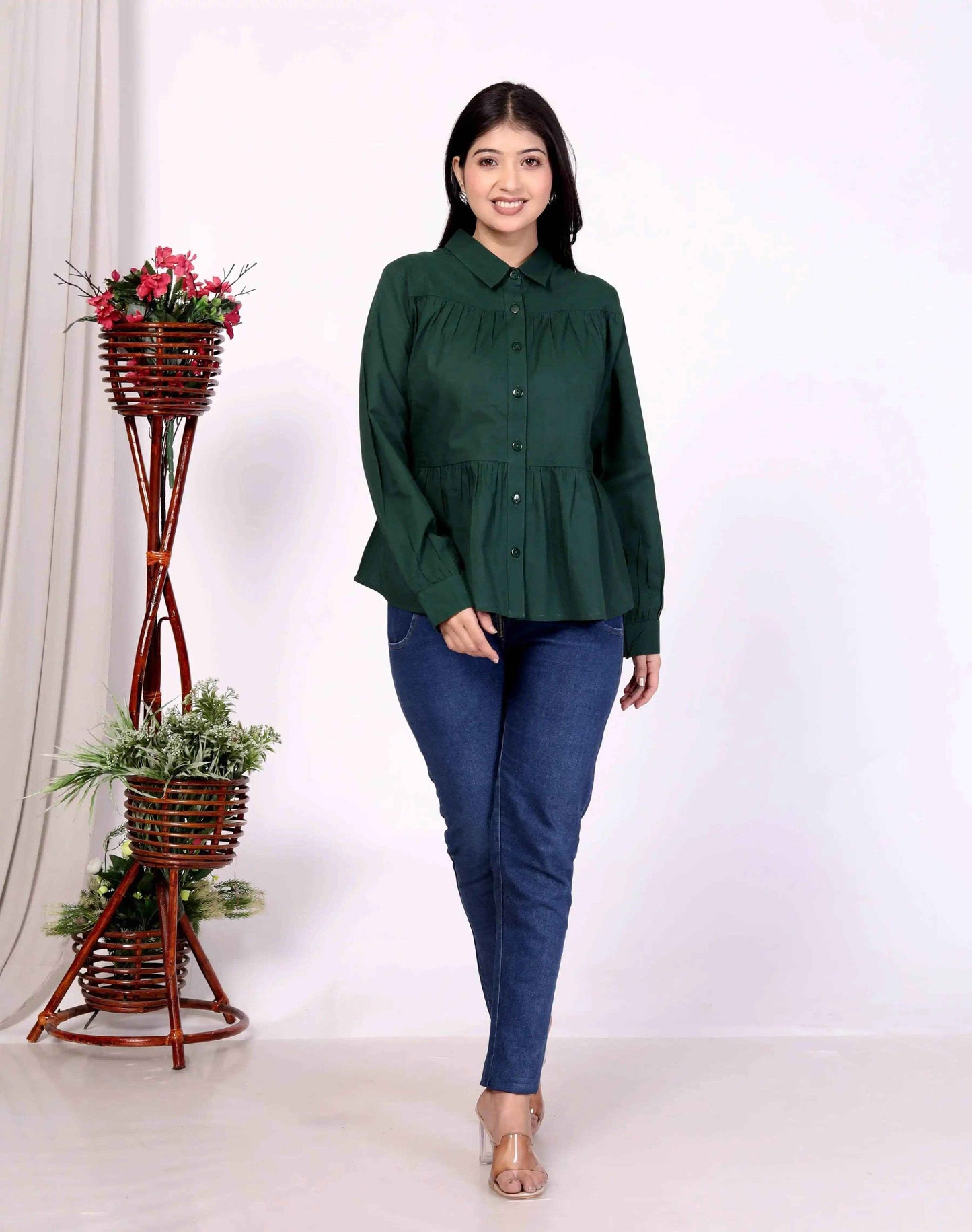Dark Green Women's Cotton Cambric Gathered Peplum Shirt - Zeemi World 