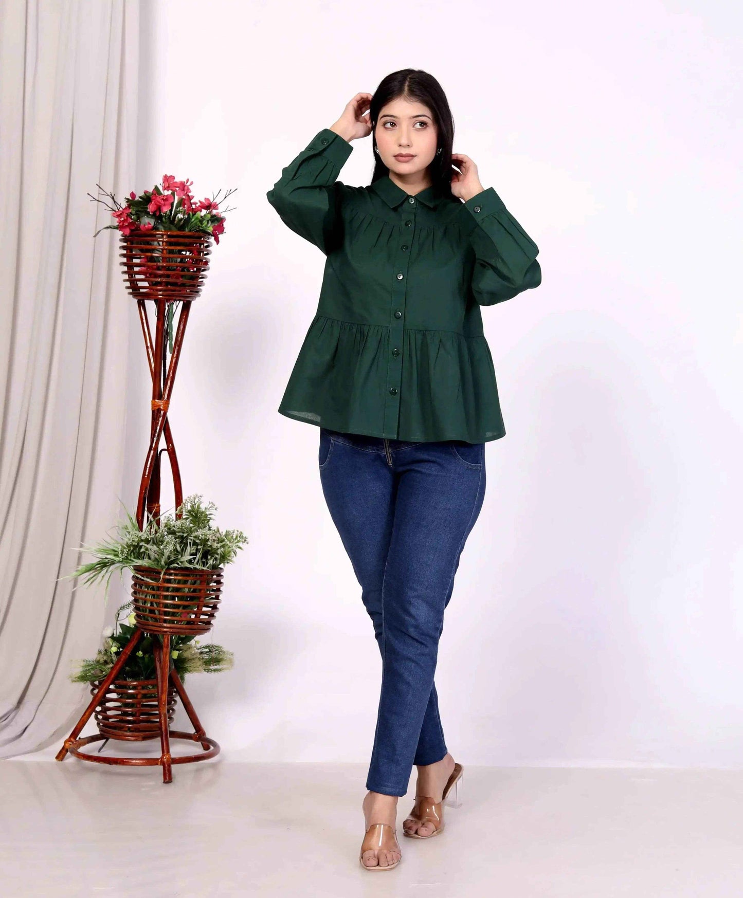 Dark Green Women's Cotton Cambric Gathered Peplum Shirt - Zeemi World 