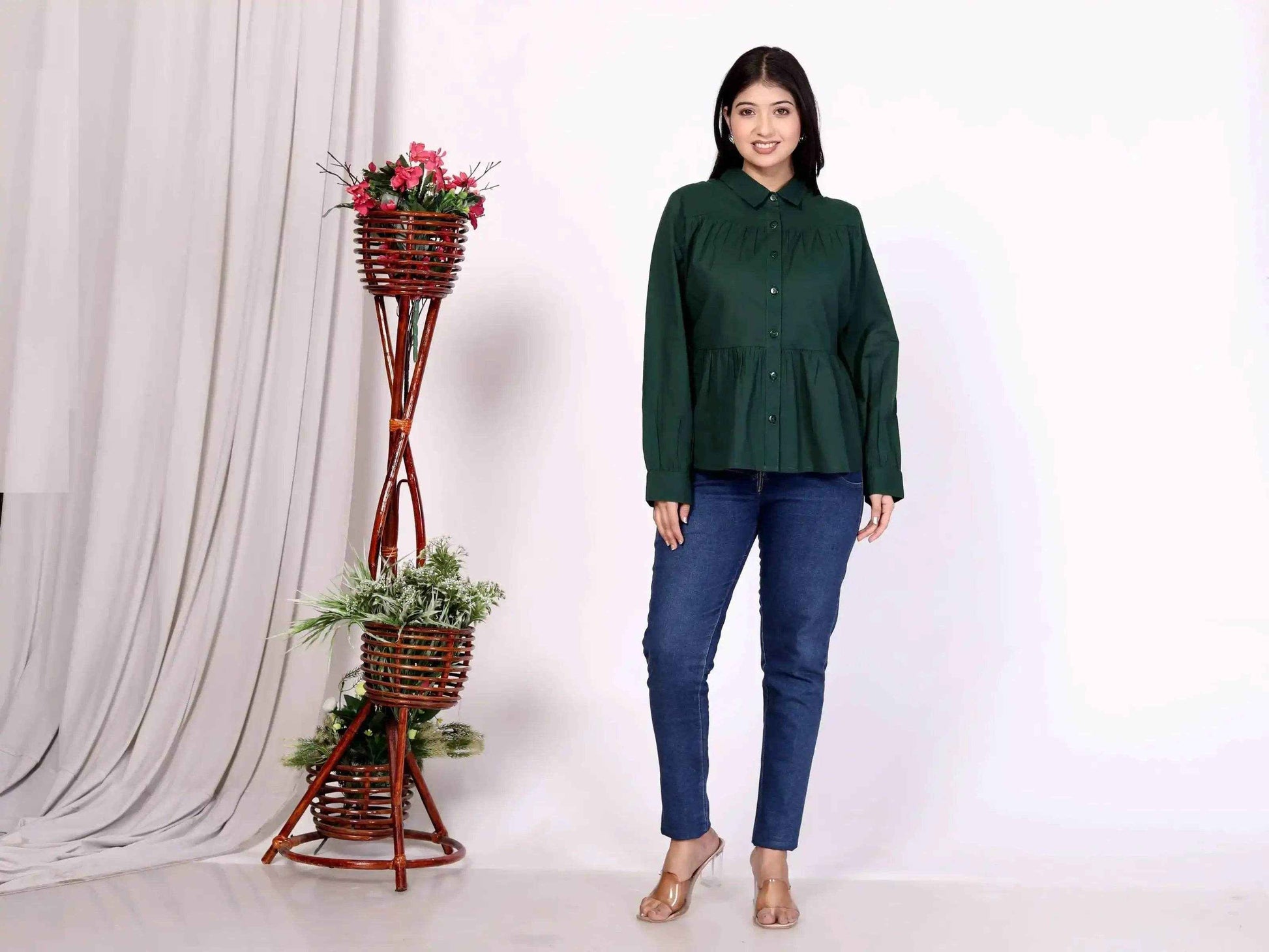 Dark Green Women's Cotton Cambric Gathered Peplum Shirt - Zeemi World 