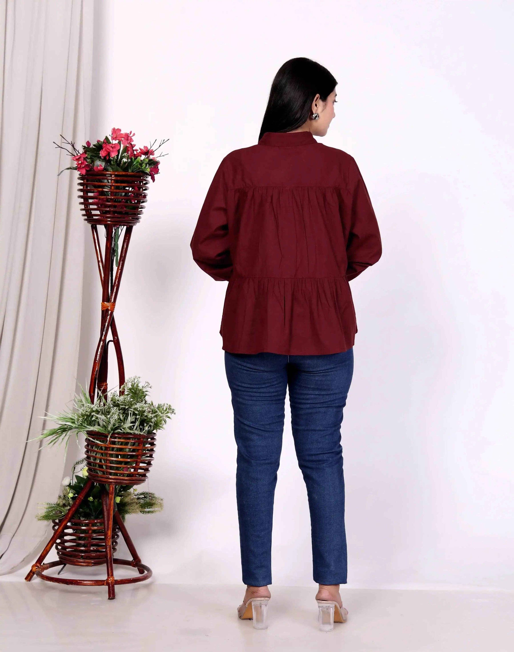 Maroon Women's Cotton Cambric Gathered Peplum Shirt - Zeemi World 