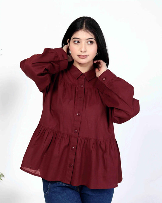 Maroon Women's Cotton Cambric Gathered Peplum Shirt - Zeemi World 
