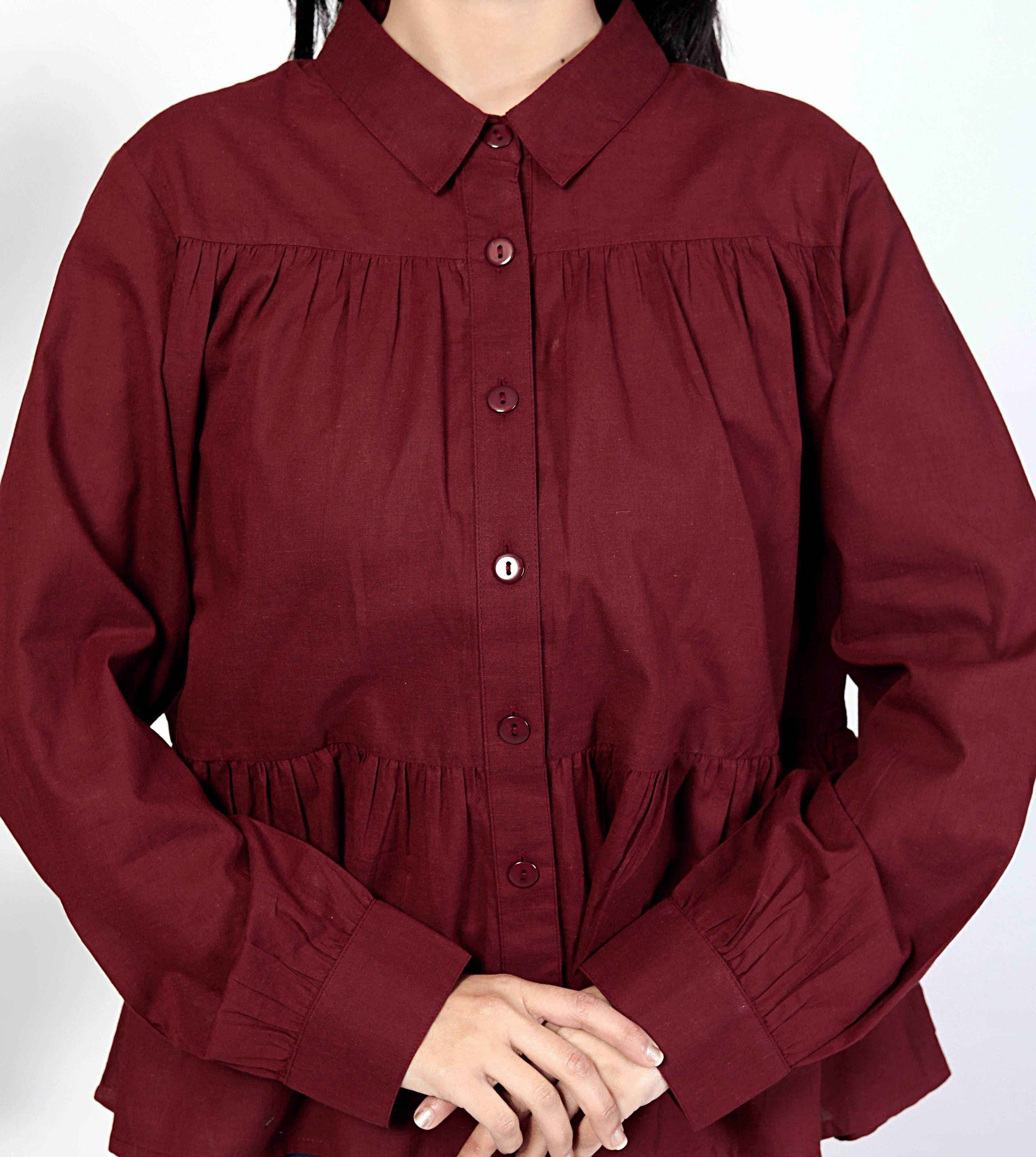 Maroon Women's Cotton Cambric Gathered Peplum Shirt - Zeemi World 