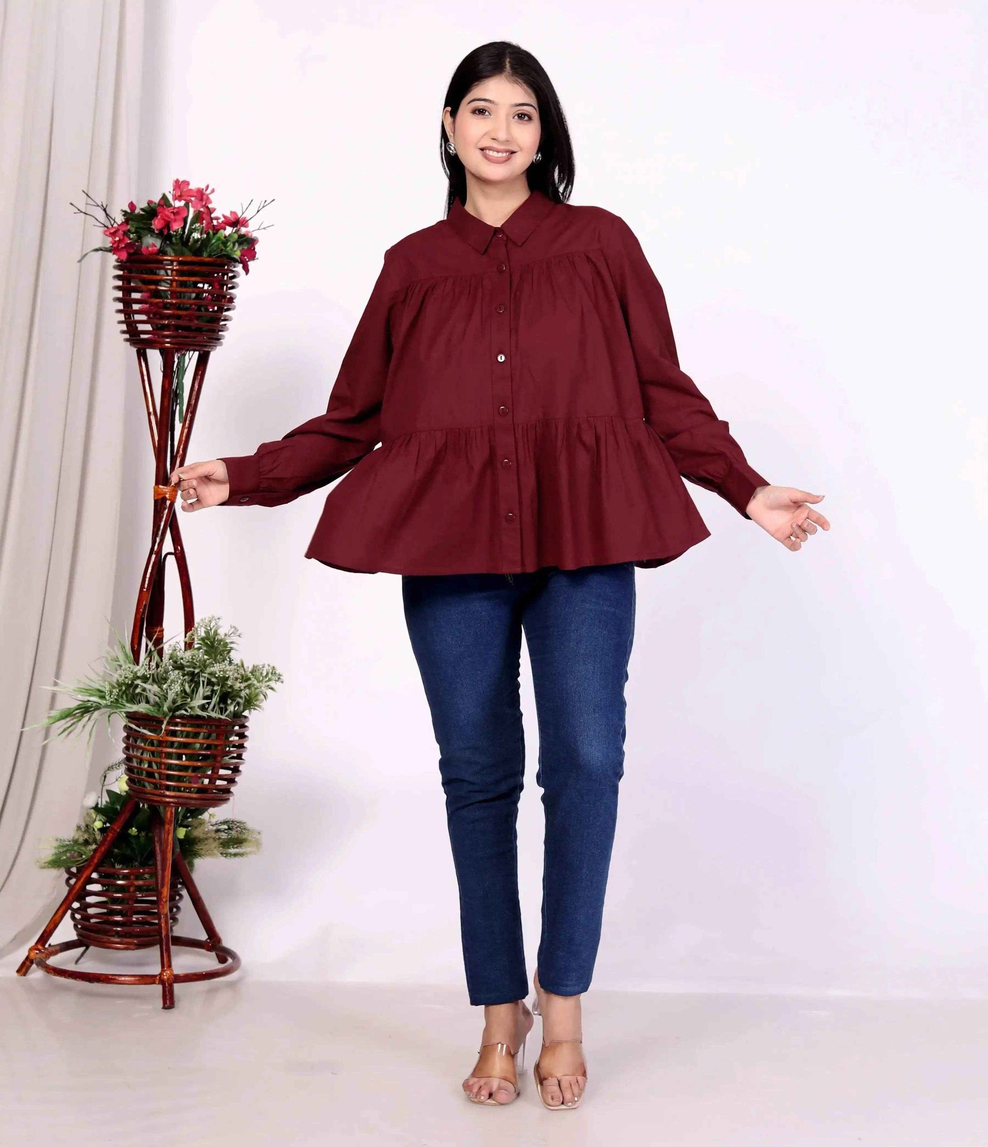 Maroon Women's Cotton Cambric Gathered Peplum Shirt - Zeemi World 