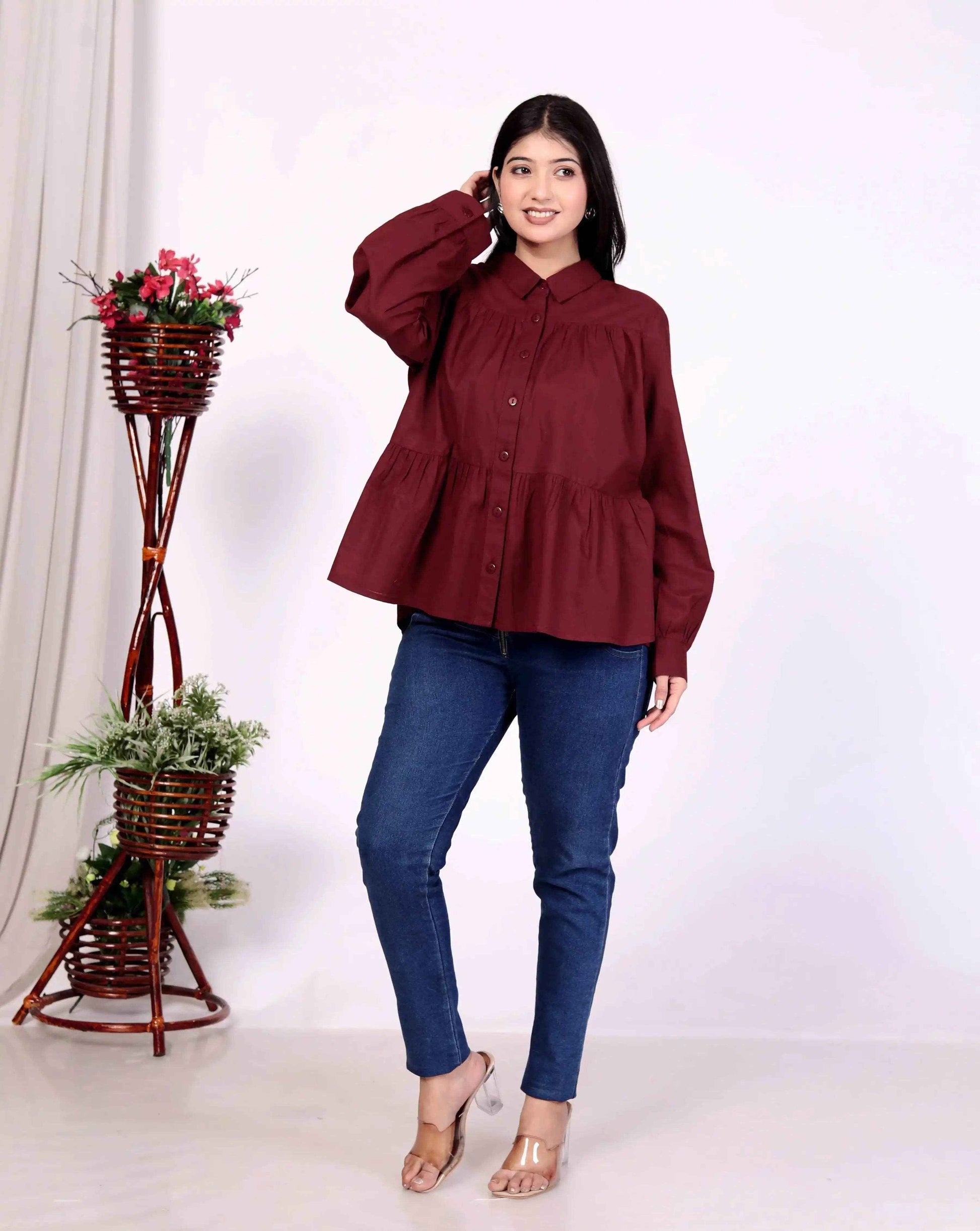 Maroon Women's Cotton Cambric Gathered Peplum Shirt - Zeemi World 