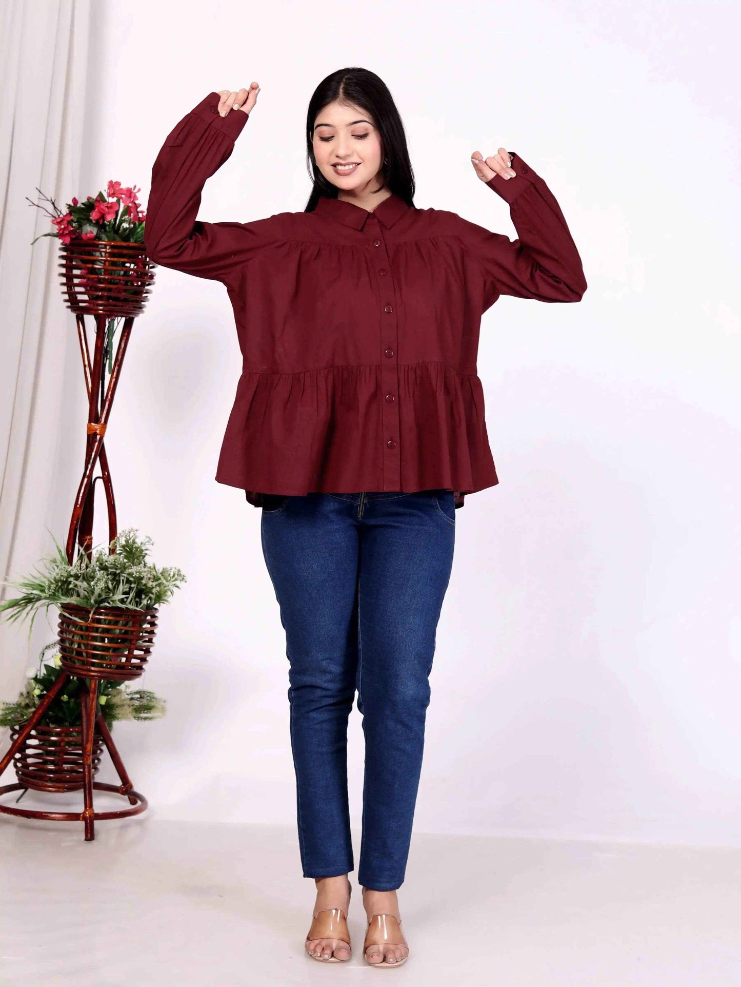 Maroon Women's Cotton Cambric Gathered Peplum Shirt - Zeemi World 