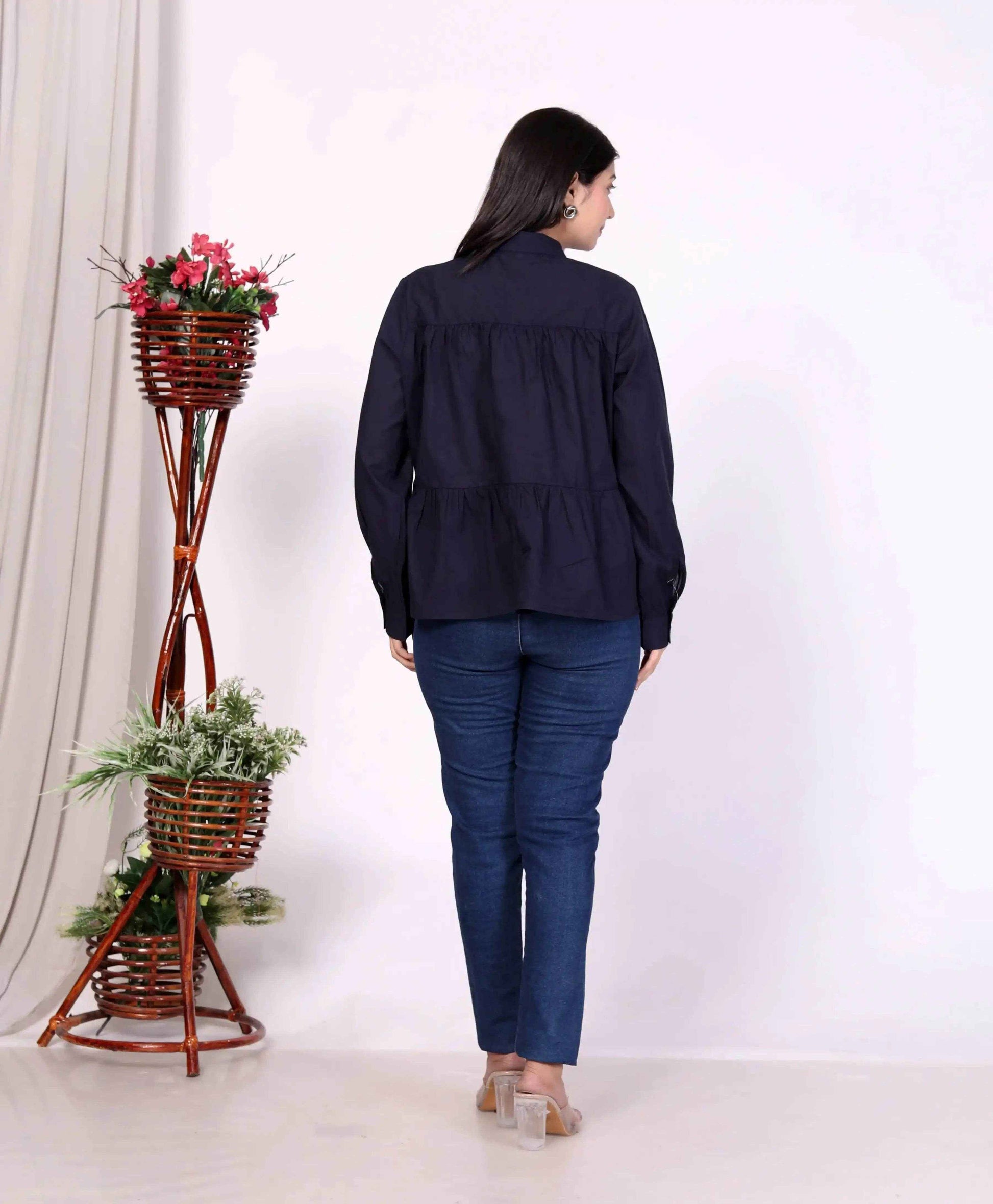 Navy Women's Cotton Cambric Gathered Peplum Shirt - Zeemi World 
