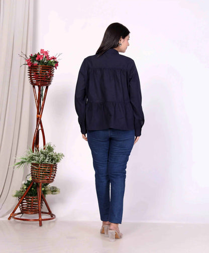 Navy Women's Cotton Cambric Gathered Peplum Shirt - Zeemi World 