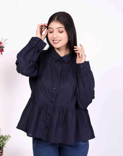 Navy Women's Cotton Cambric Gathered Peplum Shirt - Zeemi World 