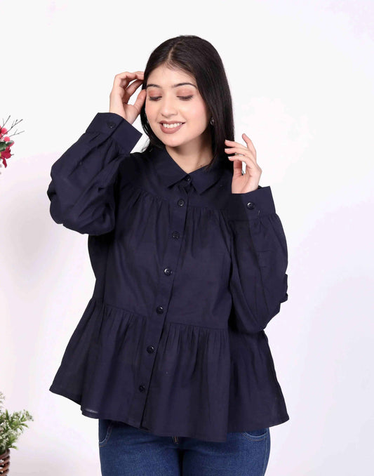 Navy Women's Cotton Cambric Gathered Peplum Shirt - Zeemi World 