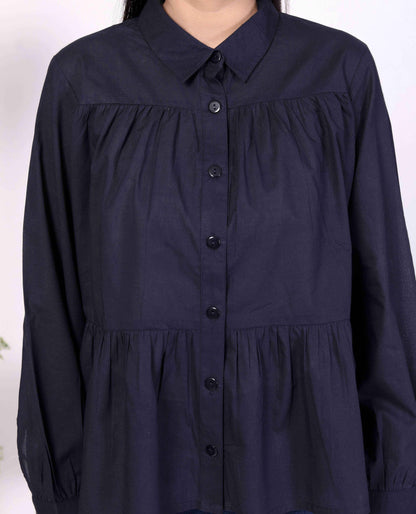Navy Women's Cotton Cambric Gathered Peplum Shirt - Zeemi World 