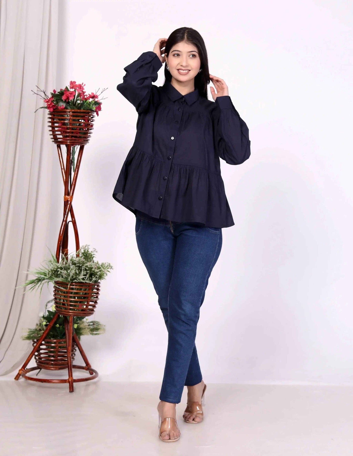 Navy Women's Cotton Cambric Gathered Peplum Shirt - Zeemi World 