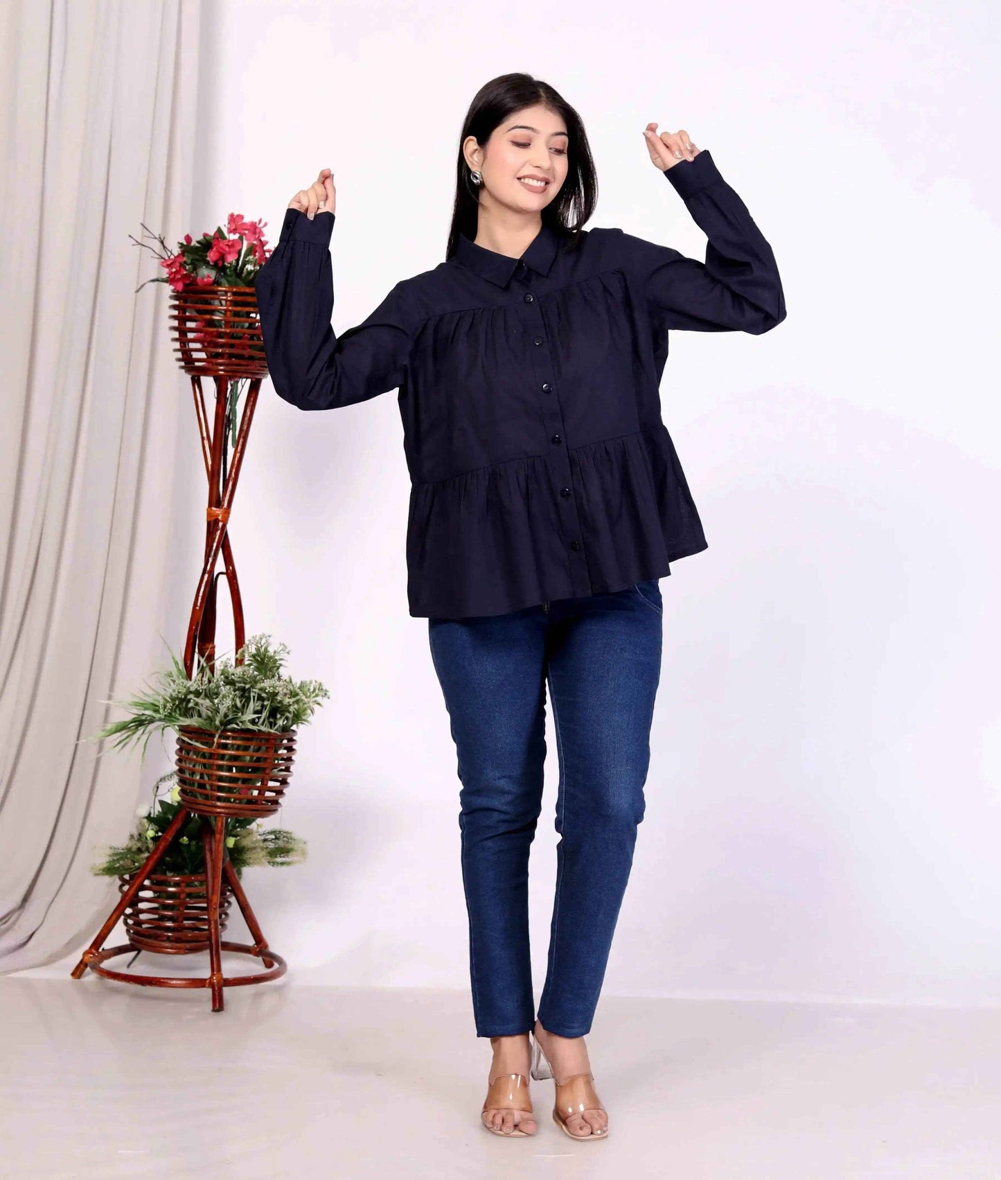 Navy Women's Cotton Cambric Gathered Peplum Shirt - Zeemi World 